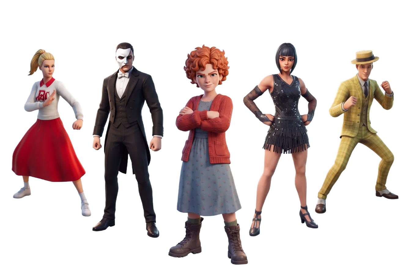 Illustrated Broadway characters inspired by Phantom of the Opera, Annie, Grease, Chicago, and more, lined up in dynamic poses